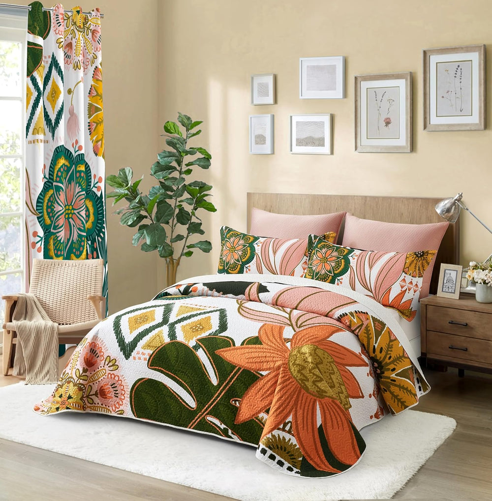 Tyrot 3 Piece Boho Floral King Quilt Bedding Sets