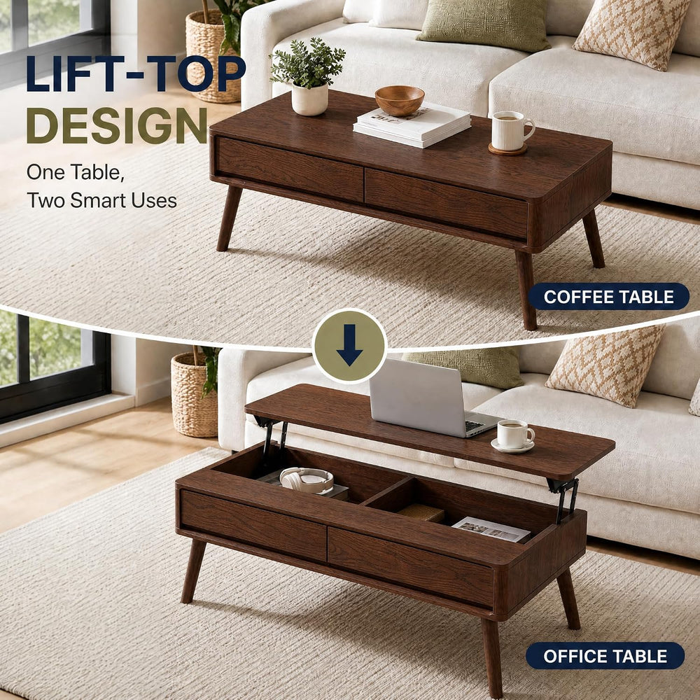 Solid Oak Lift Top Coffee Table with Drawers, Walnut, 47.24"
