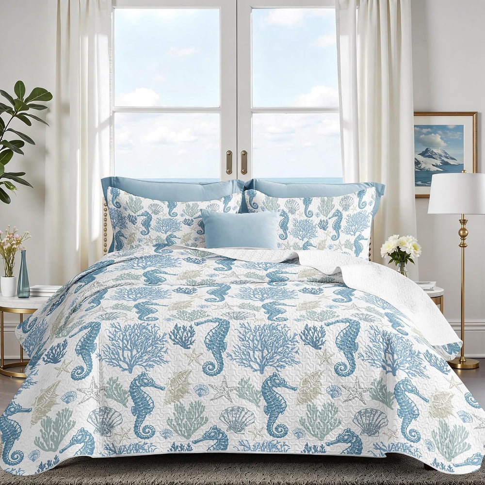 California King Quilt Set, Coastal Seahorse Bedding, 3 Piece, 106"x118&q...