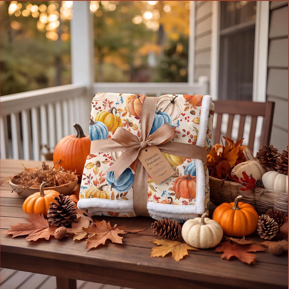 Fall Pumpkins Throw Blanket, Autumn Orange White Blue Pumpkins Leaves and Ber...
