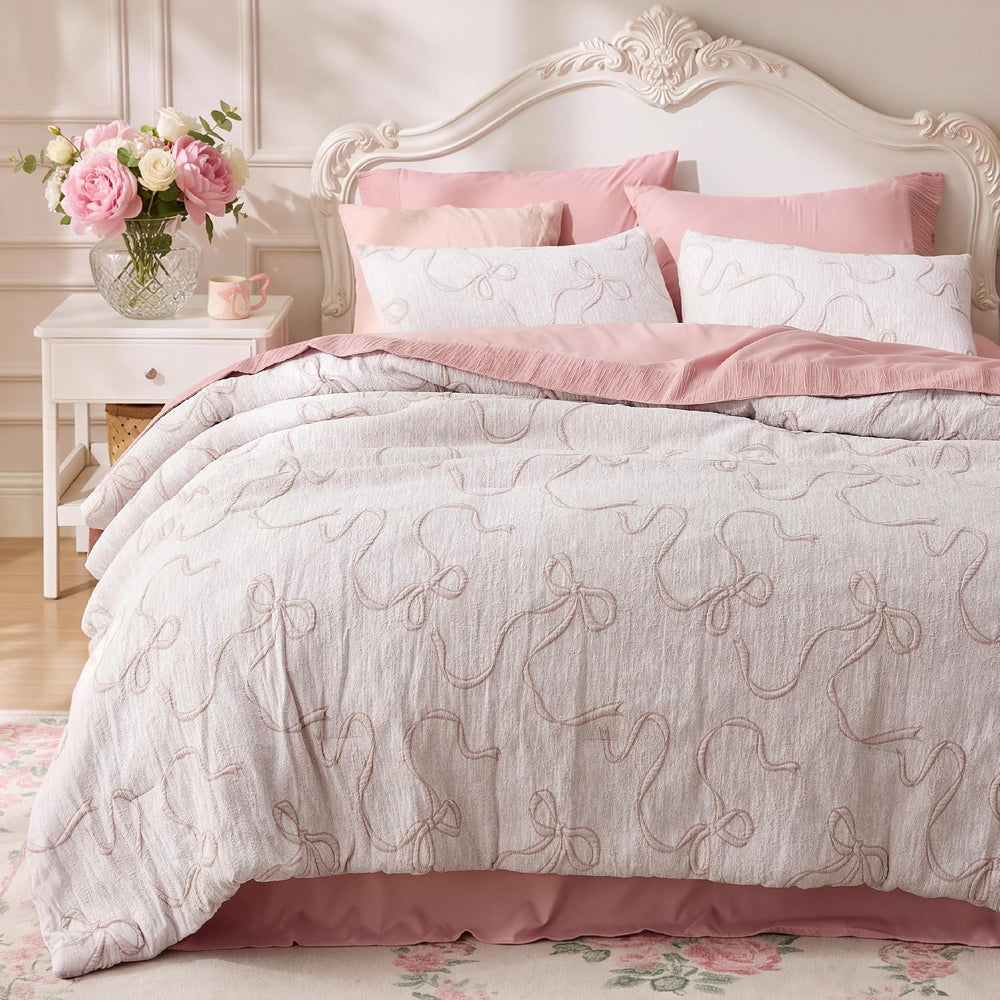 Bedsure Pink Comforter Set Cute Bow Bedding Set Queen GentleSoft™ 3 Pieces