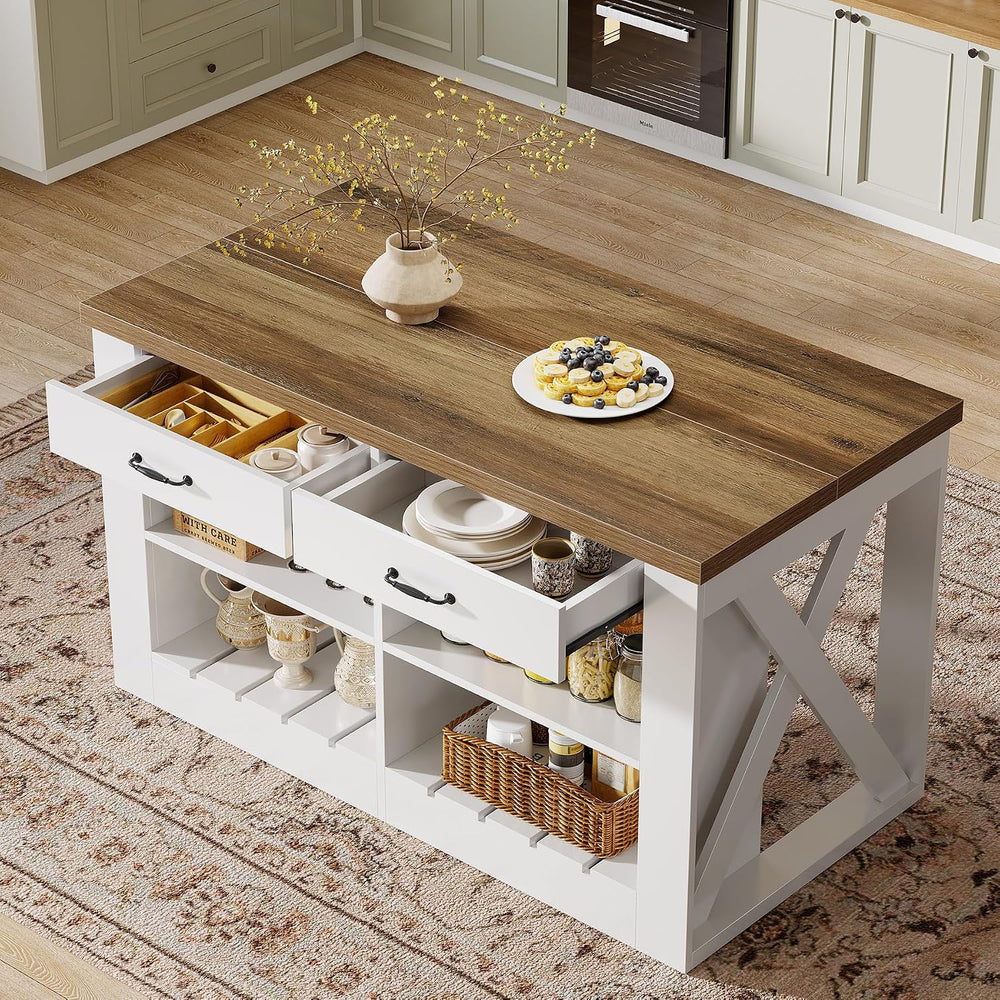 Tribesigns 55" Farmhouse Kitchen Island with 2 Storage Drawers and Shelf