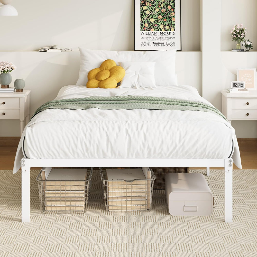 Allewie Twin XL Bed Frame, 14 inch Metal Beds with Storage Space, White