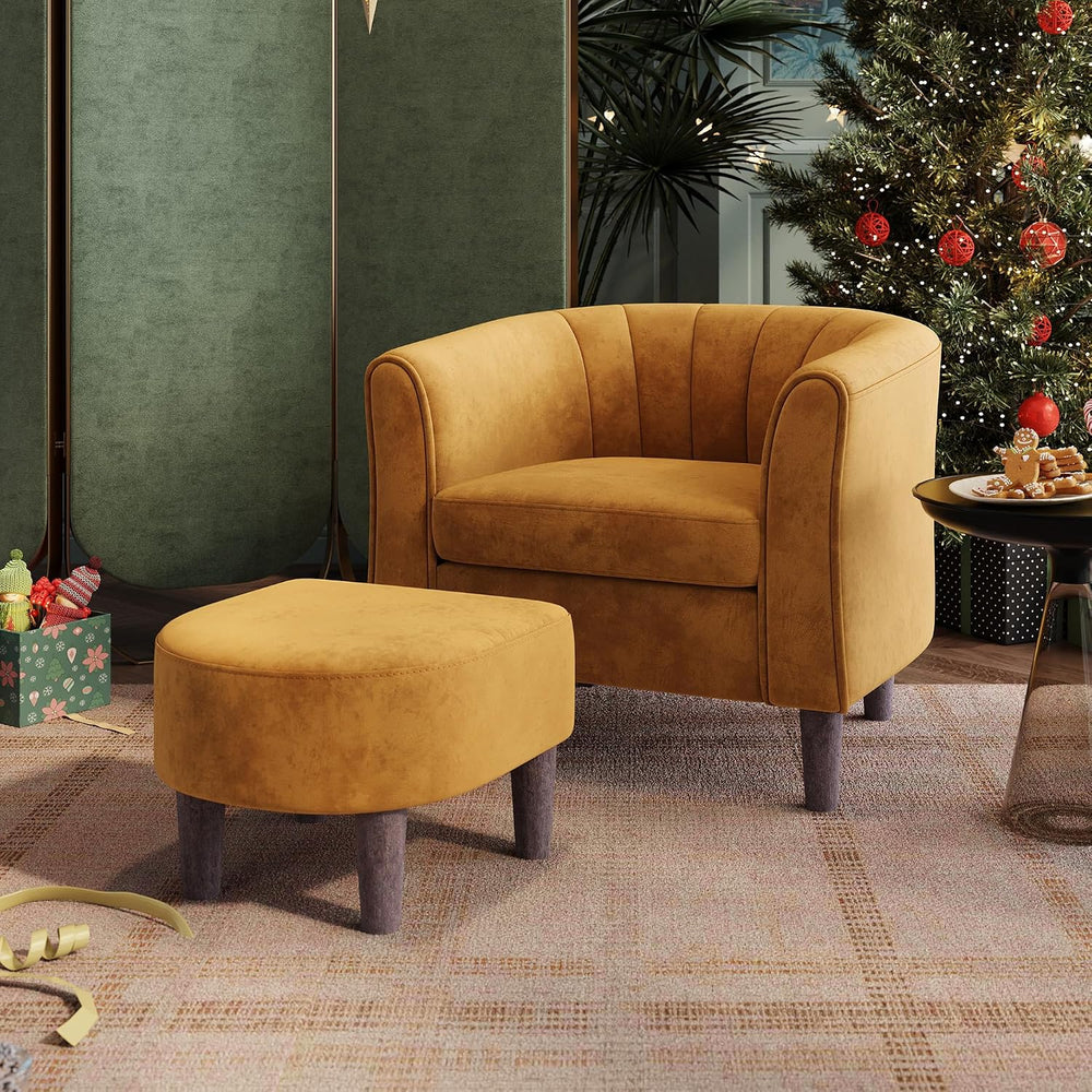 LINSY Accent Chair with Ottoman, Modern Armchair Comfy Barrel Reading Chair w...