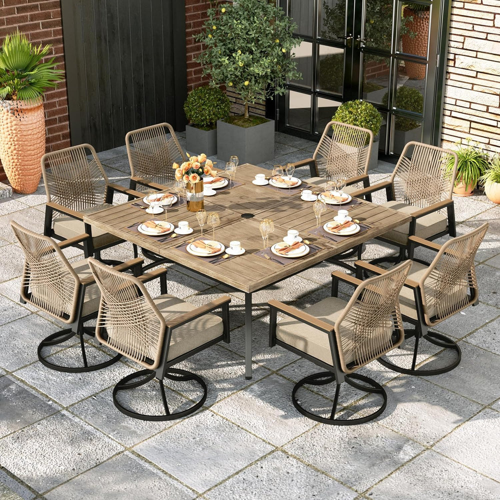 MIXPATIO 9pc Patio Dining Set, 57.5" Square Metal Table, 8 Swivel Chairs