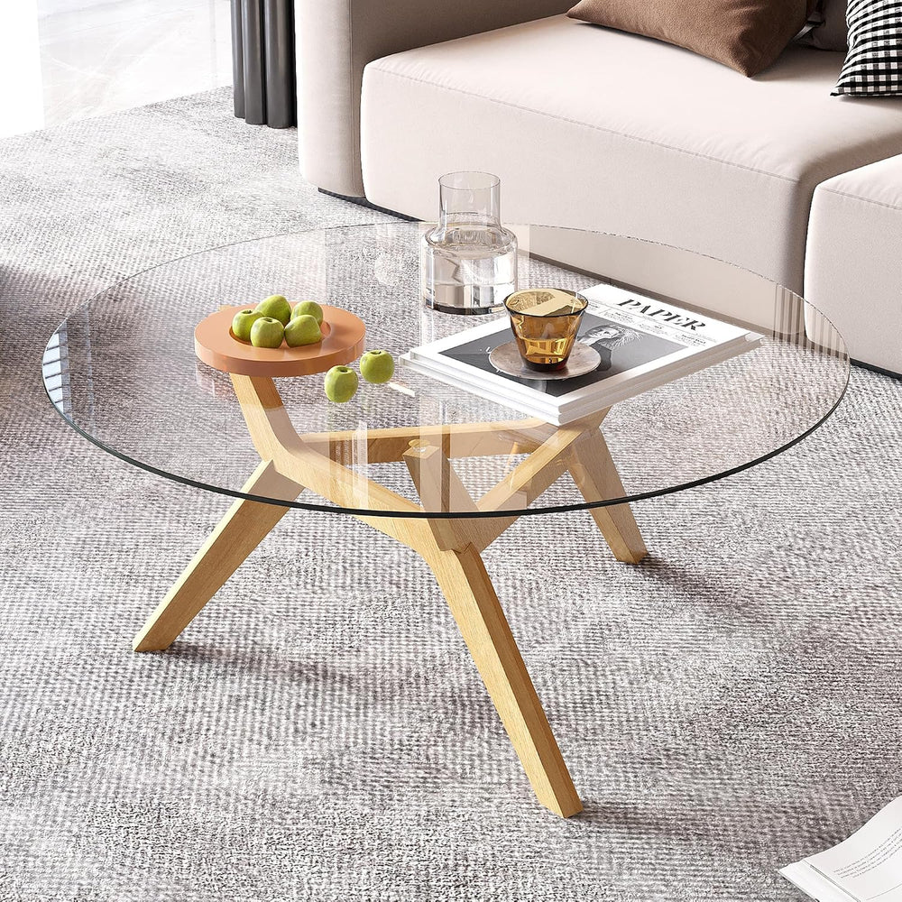 Vlsrka Round Glass Coffee Table, Boho Soild Wood Base, 31.5" W, Wood