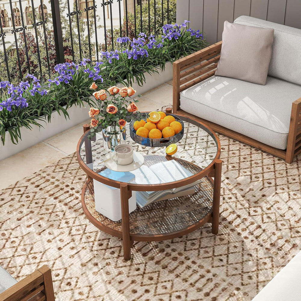 GIANTEX Rattan Coffee Table, Boho Round Glass Tea Table with PE Rattan Storag...