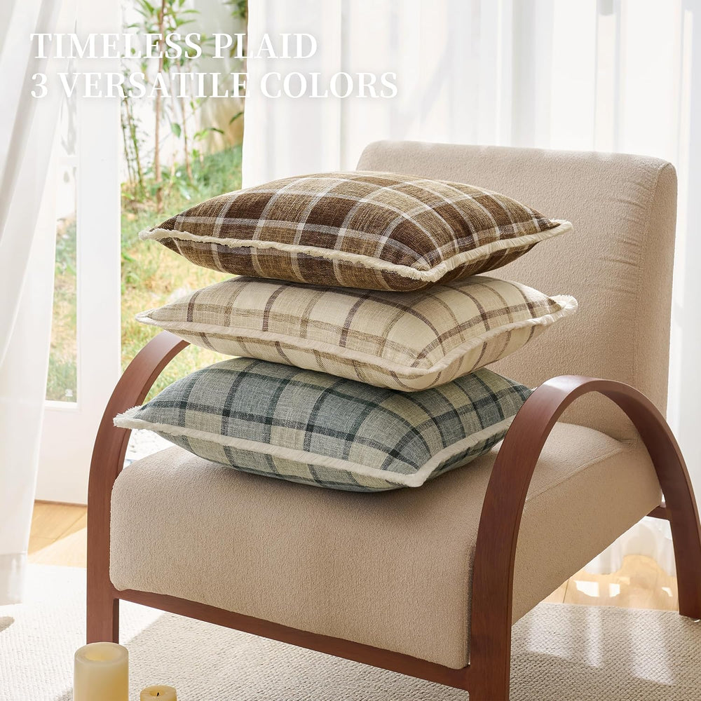 Classic Windowpane Plaid Pillow Covers 18x18 Set of 2, Structured Linen-Look ...