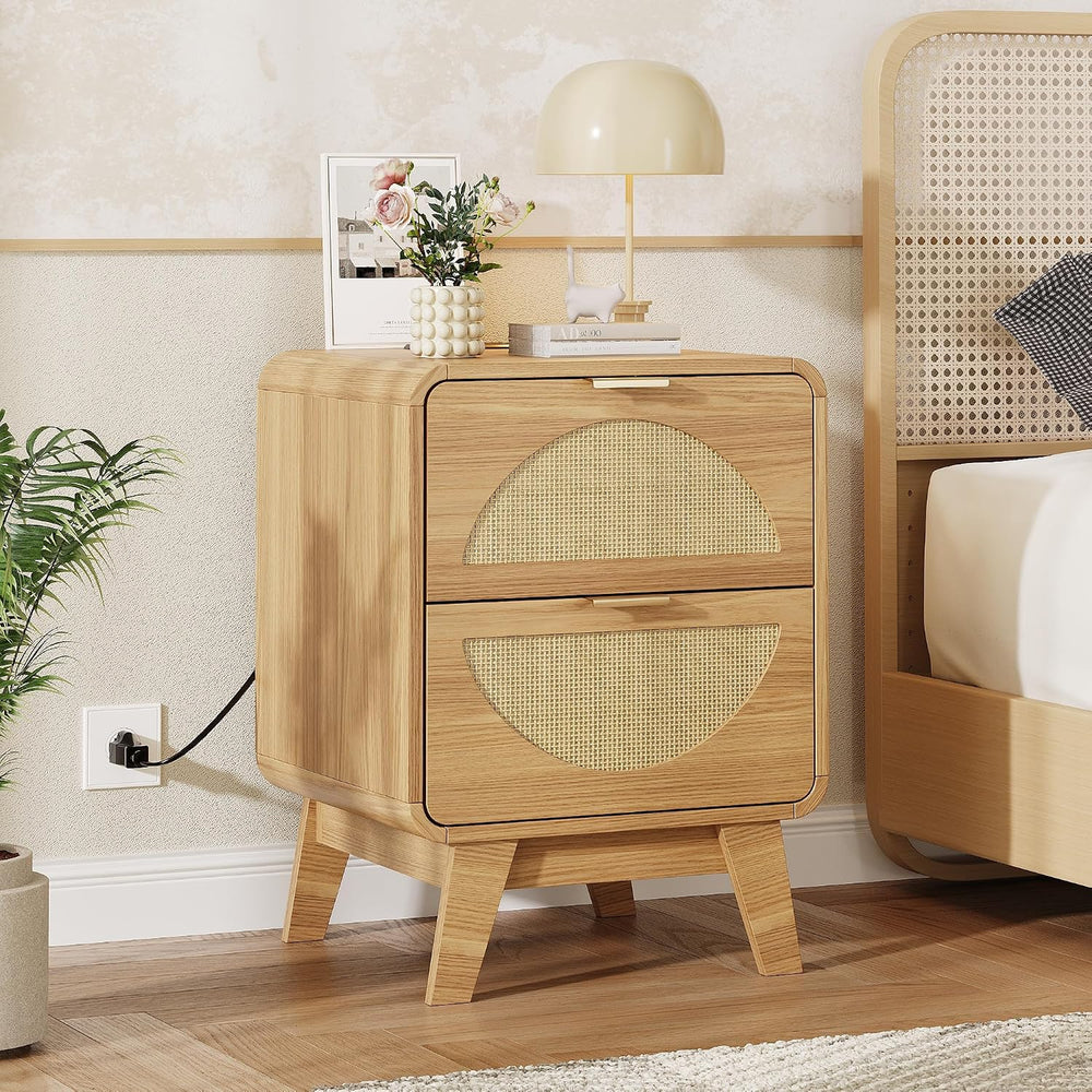 Maupvit Rattan Nightstand with Charging Station, Boho Beside Table with 2 Dra...