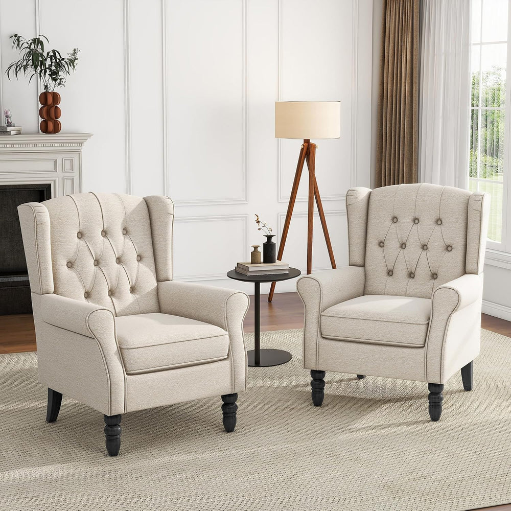 High Back Accent Chairs Set of 2, Wingback Armchair in Fabric, Beige