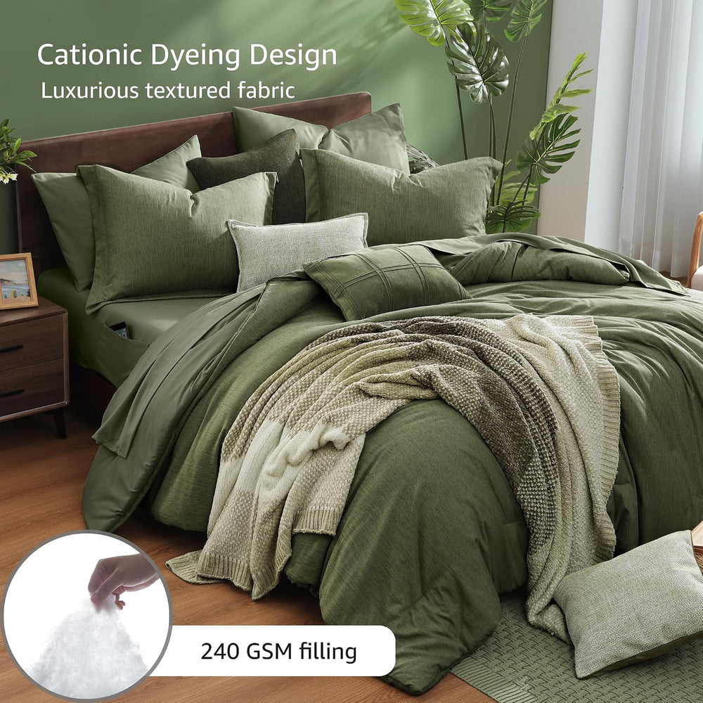Monbix King Size Comforter Set Olive Green 7 Pieces Bed in a Bag