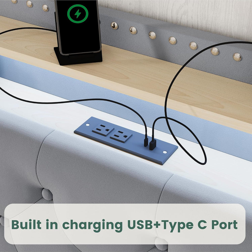 LARMACE King Bed Frame with 4 Storage Drawers, LED & Charging Station
