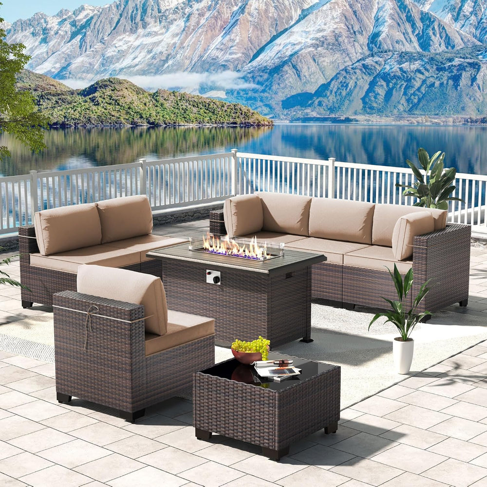 Kullavik 8 Piece Outdoor Wicker Patio Furniture Set with Fire Pit Table