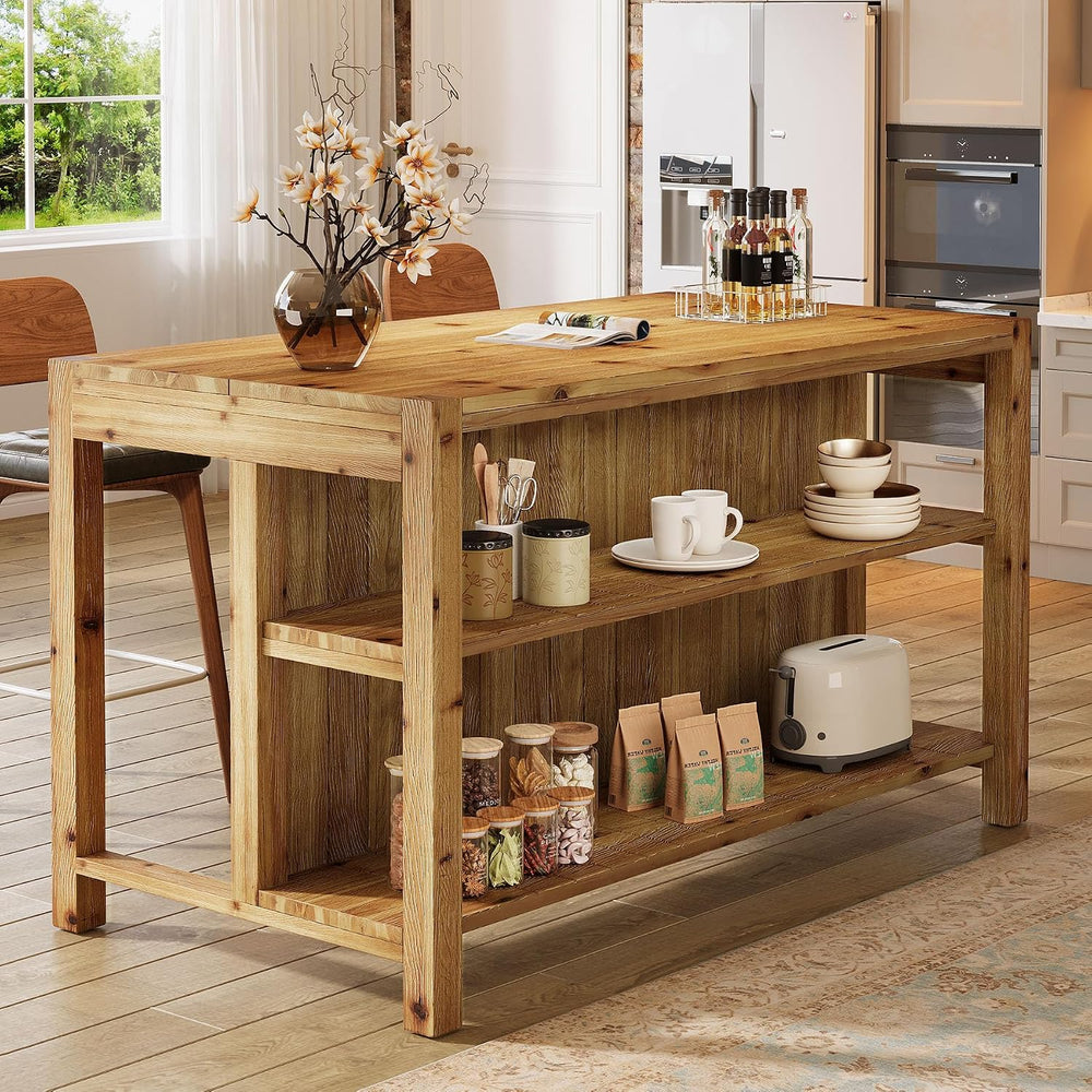 59" Solid Wood Kitchen Island with Open Storage Shelves