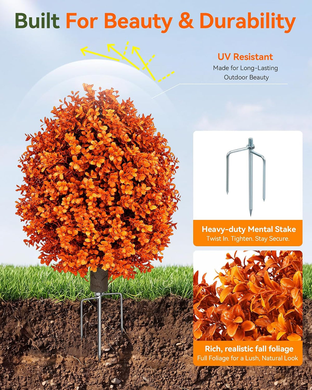 27“ Fall Artificial Boxwood Topiary Ball with Ground Spike, Fake Plants