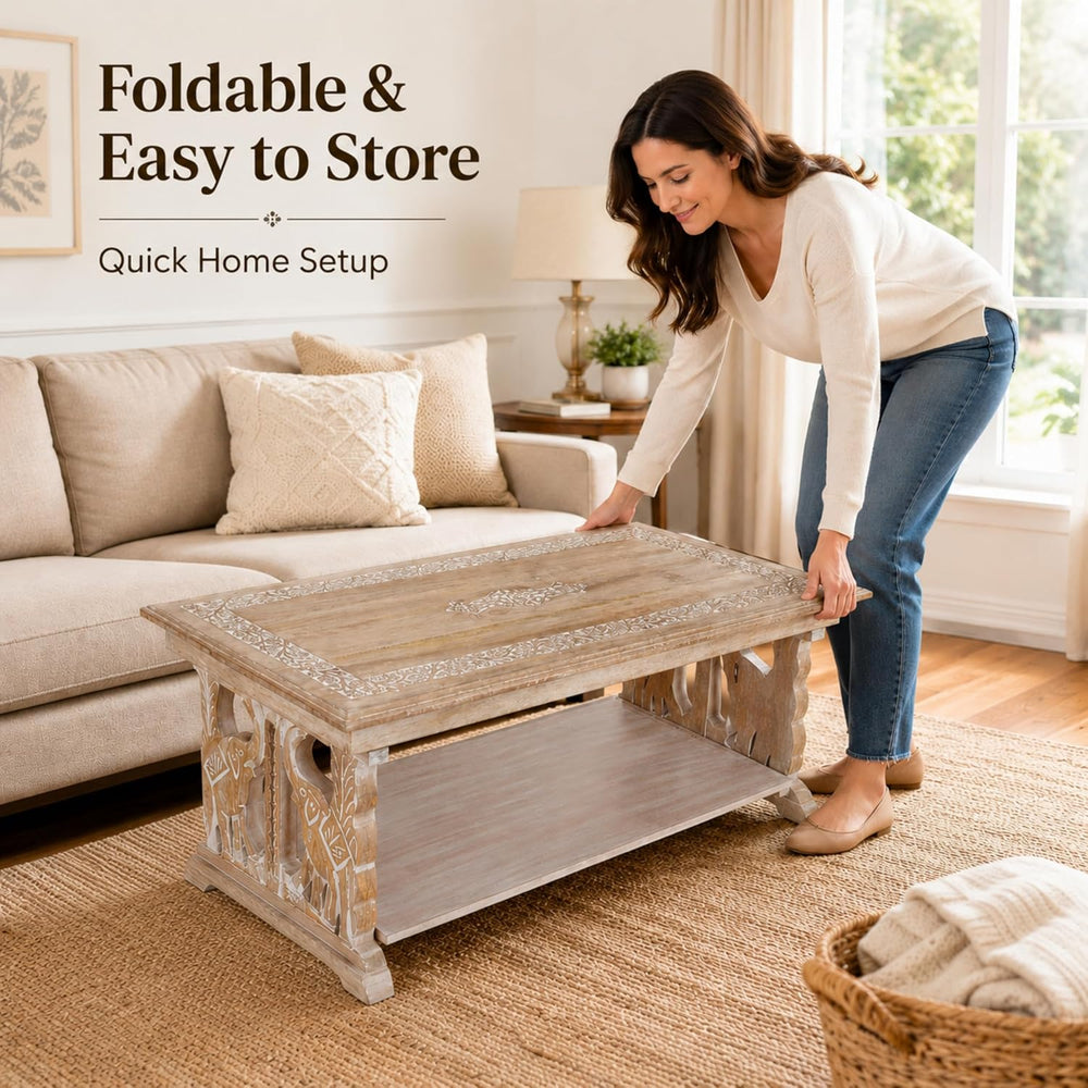 Coffee Table in Solid Wood With Hand Carving40x20x18"White Wash Rectangular