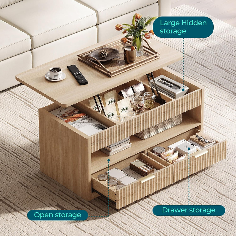 LINSY Home Lift Top Coffee Table with Hidden Storage, Adjustable Shelf, Oak |...