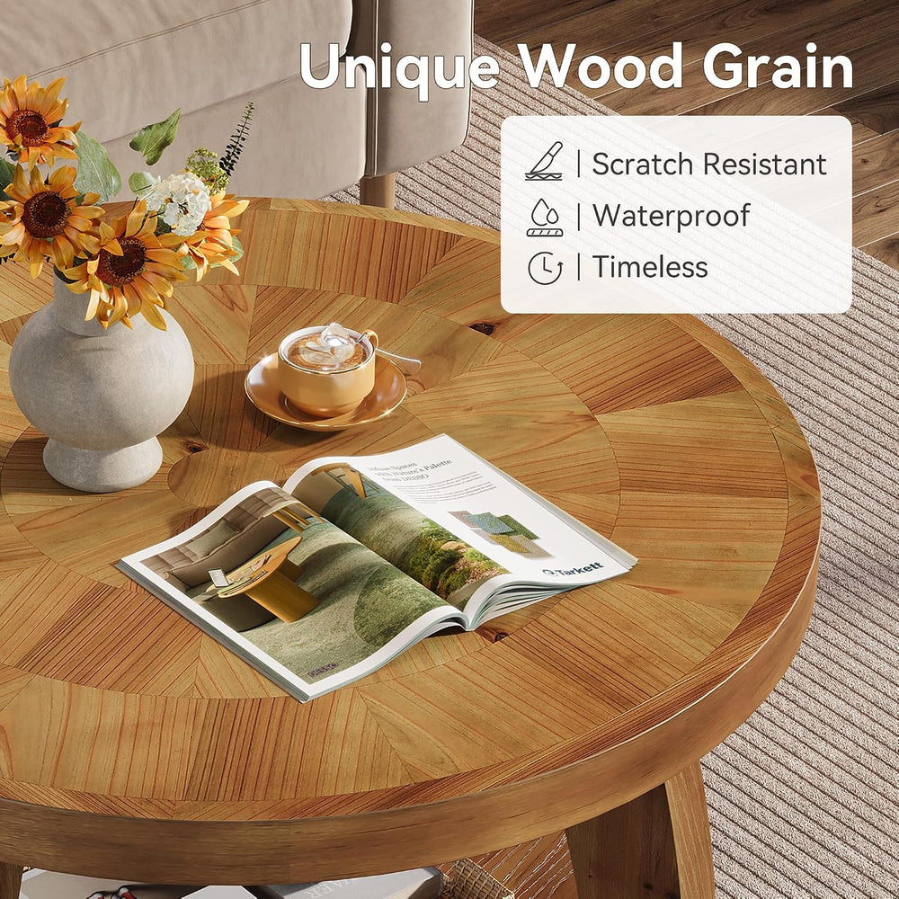 Solid Wood Round Coffee Table, 2-Tier Center Table with Storage