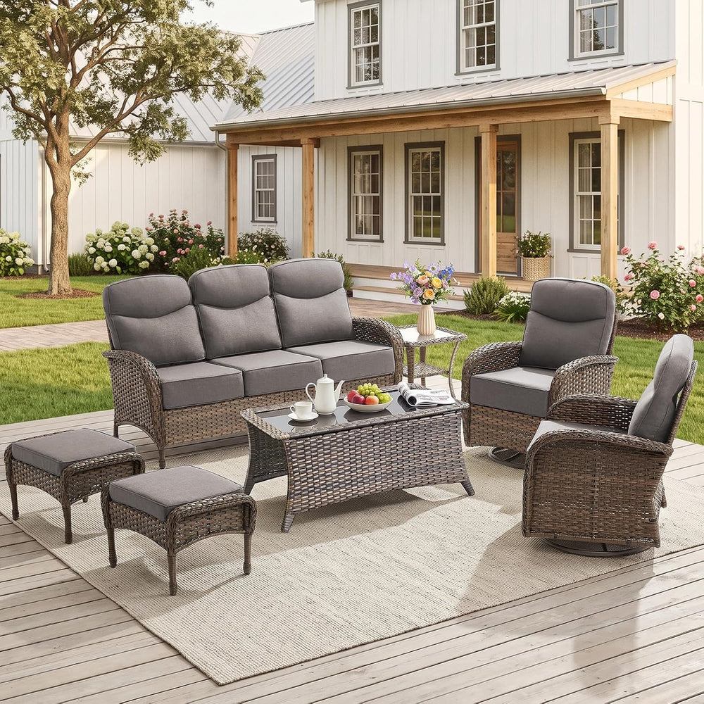 3Pc Patio Furniture Set, Sofa & Ottomans Brown/Beige