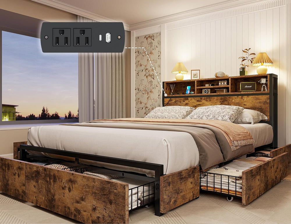 EnHomee Full Bed Frame with 6 Storage Drawers, Charge Station,Noise-Free