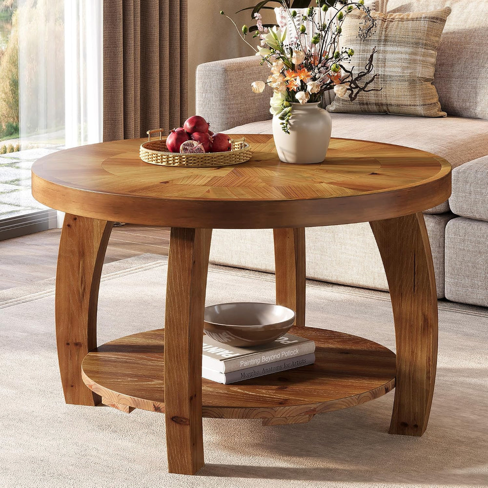 Solid Wood Round Coffee Table, 2-Tier Center Table with Storage