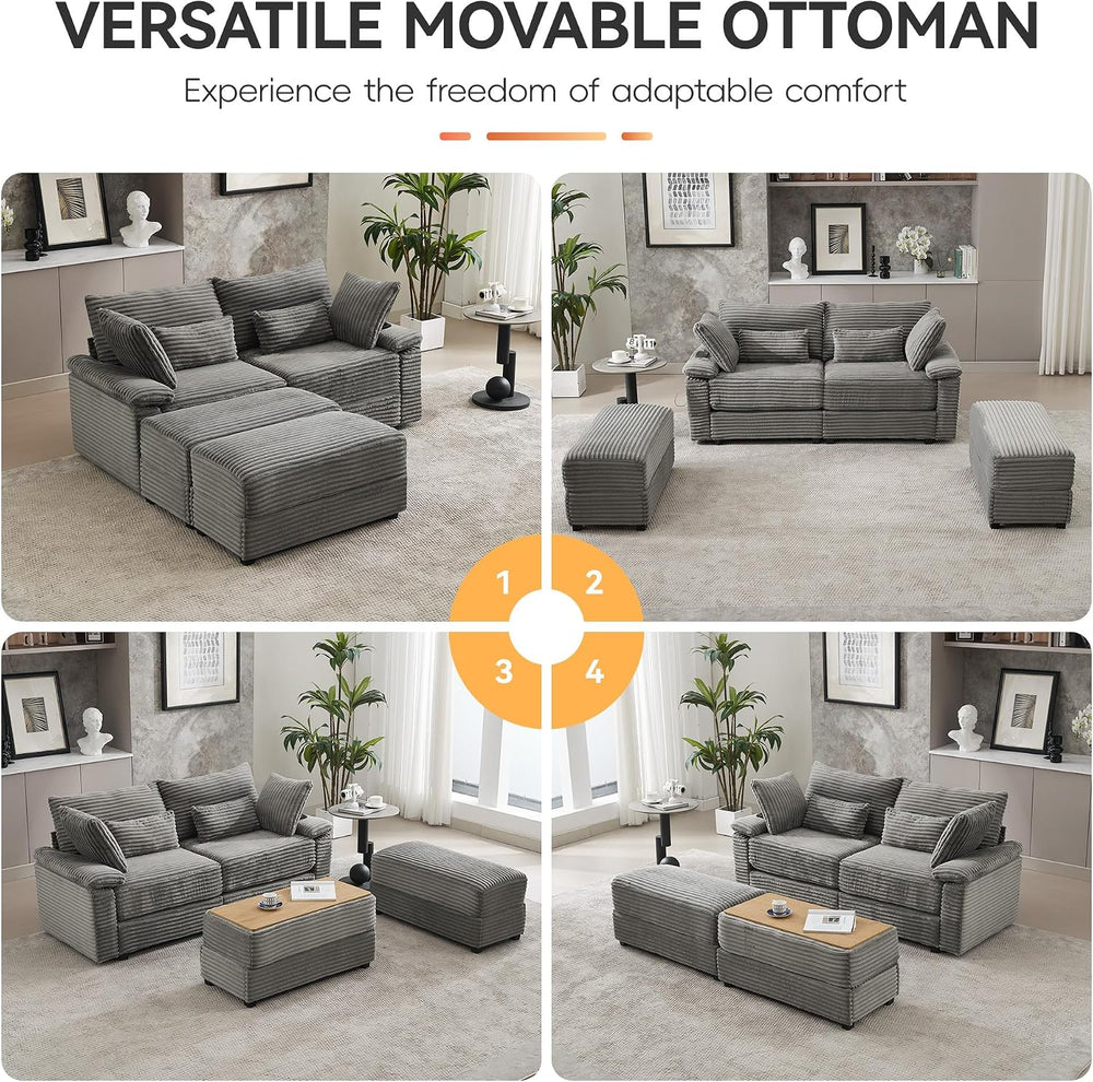 75" Corduroy Loveseat with Storage Ottoman, USB & Coffee Table, Grey