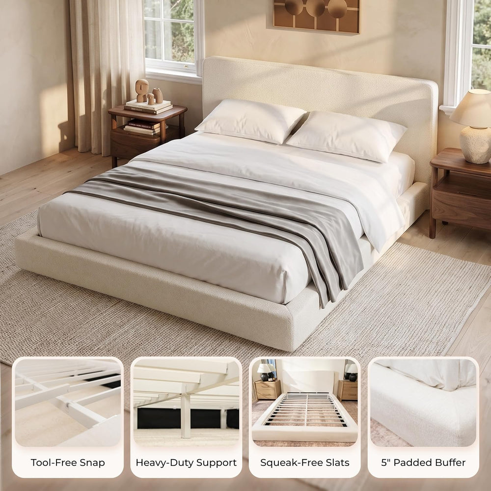 King Upholstered Bed Frame, King Size Cloud Bed Frame, White Platform Bed