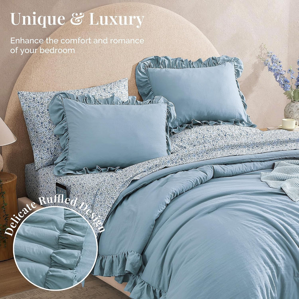 BLOOMHAVEN Queen Comforter Set-7 Pieces Ruffle Bedding with Floral Sheet