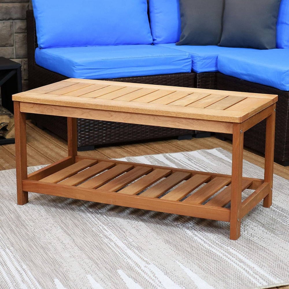 Sunnydaze Meranti Wood Patio Coffee Table with Storage, 35” W, Rectangular