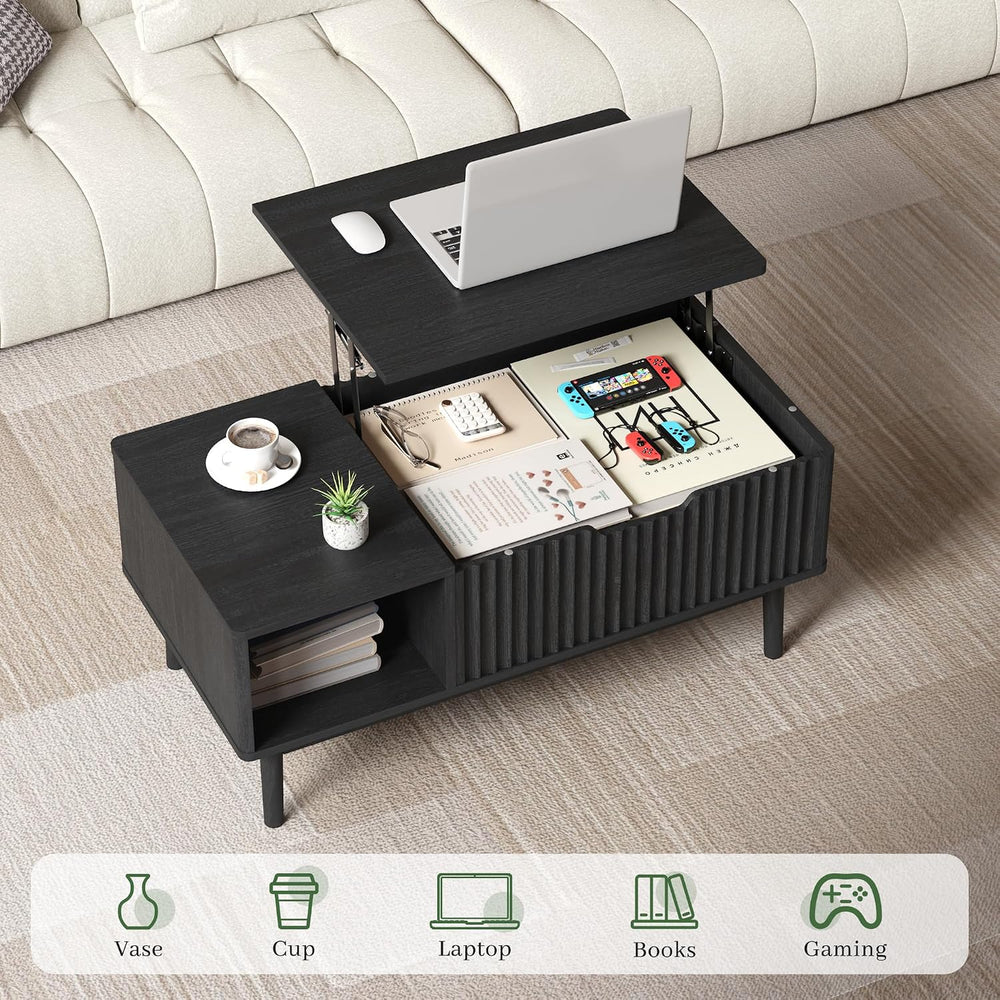 Fluted Lift Top Coffee Table with Storage, 37 Inch, Black