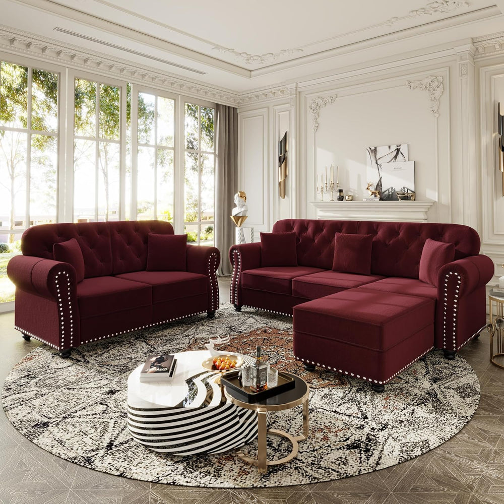 KEIKI 2-Piece Chesterfield Sofa Set with 1 Velvet 3-Seater Sofa & 1 Loves...