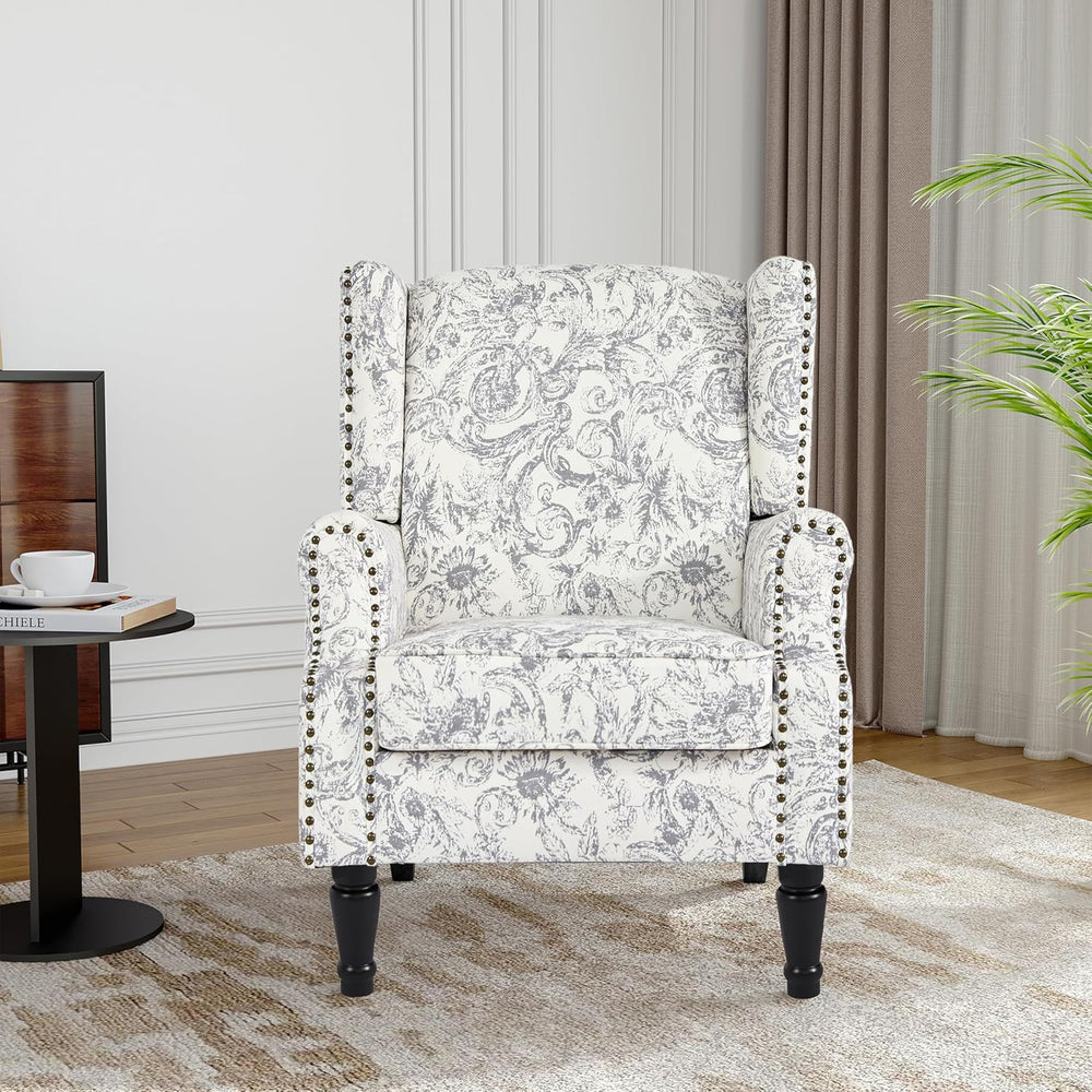 Floral Wingback Accent Chair, High Back Armchair, Rococo Light Gray
