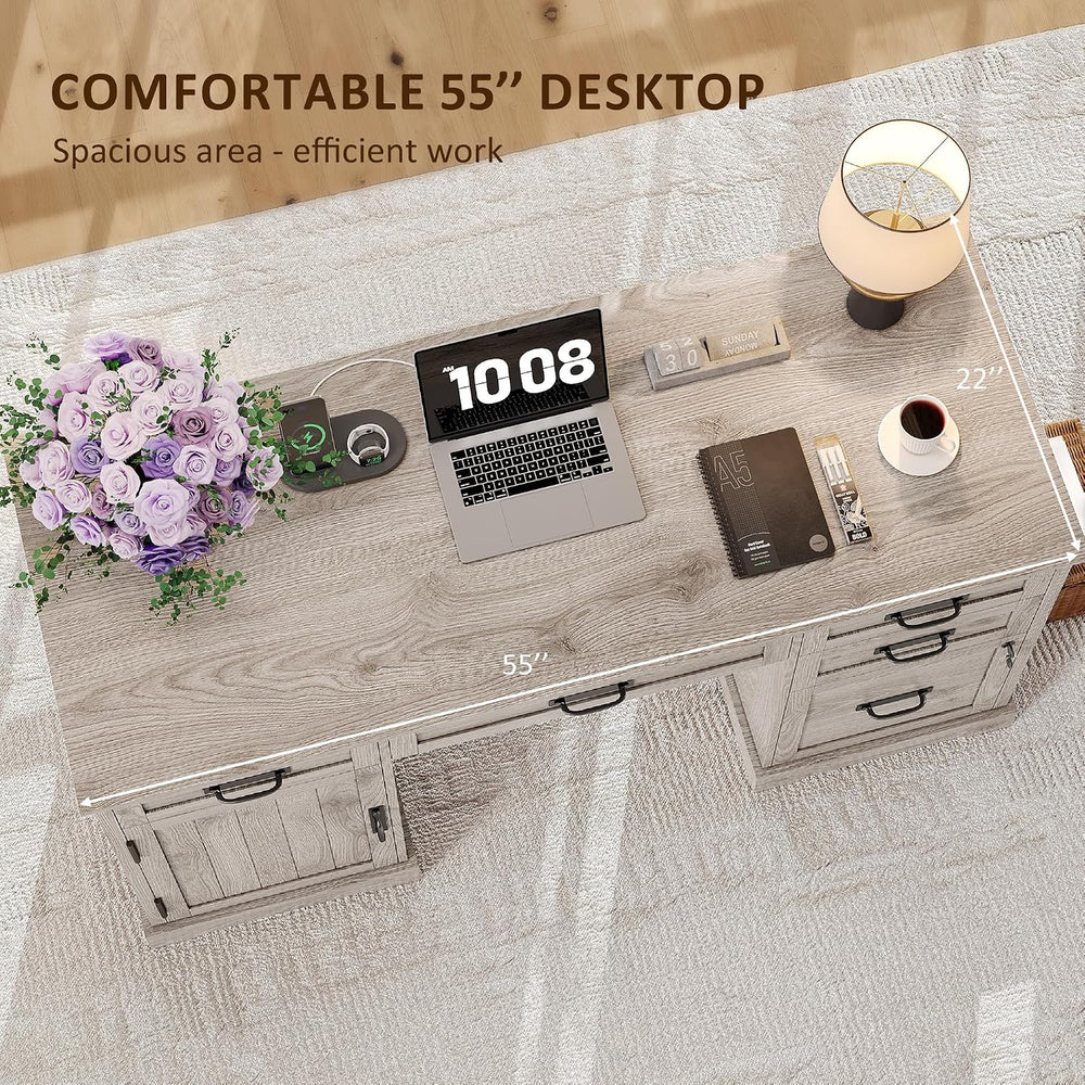 Whalefall 55'' Farmhouse Desk Home Office with Drawers, Light Gray