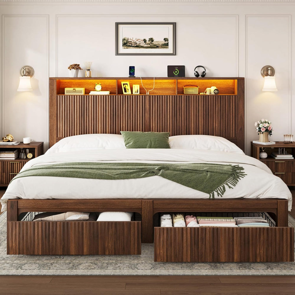 CypBed King Size Bed Frame and Headboard & 2 Storage Drawers, Walnut