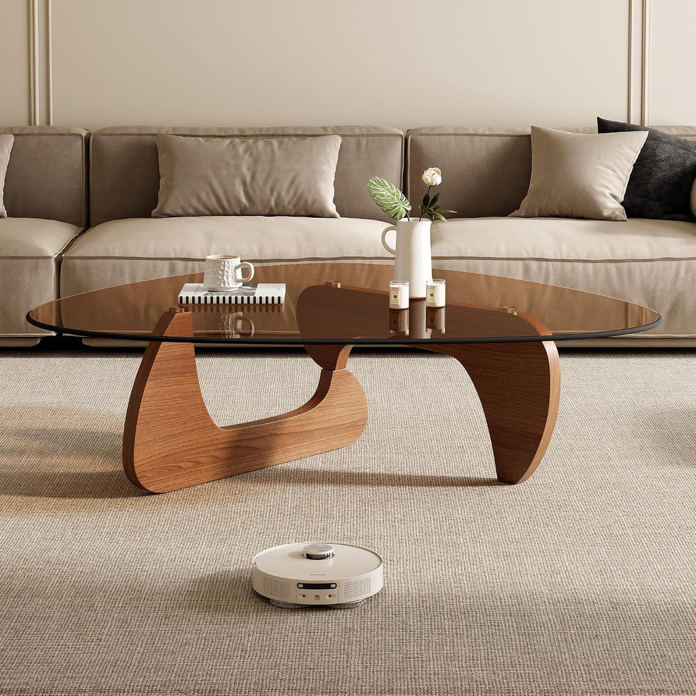 Mid Century Modern Triangle Coffee Table, Tempered Glass Top Solid Wood Base ...
