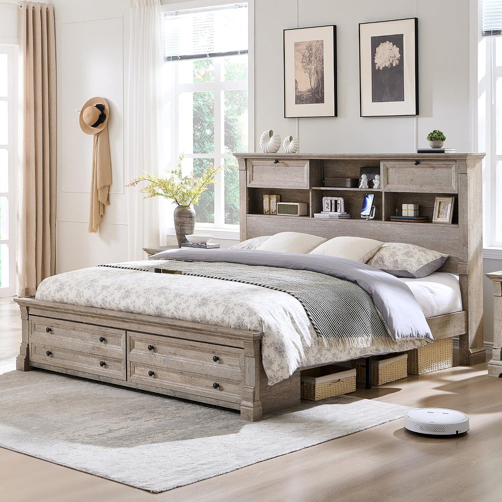 King Size Bed Frame with 54" Tall Storage Headboard, 2 Footboard Drawers