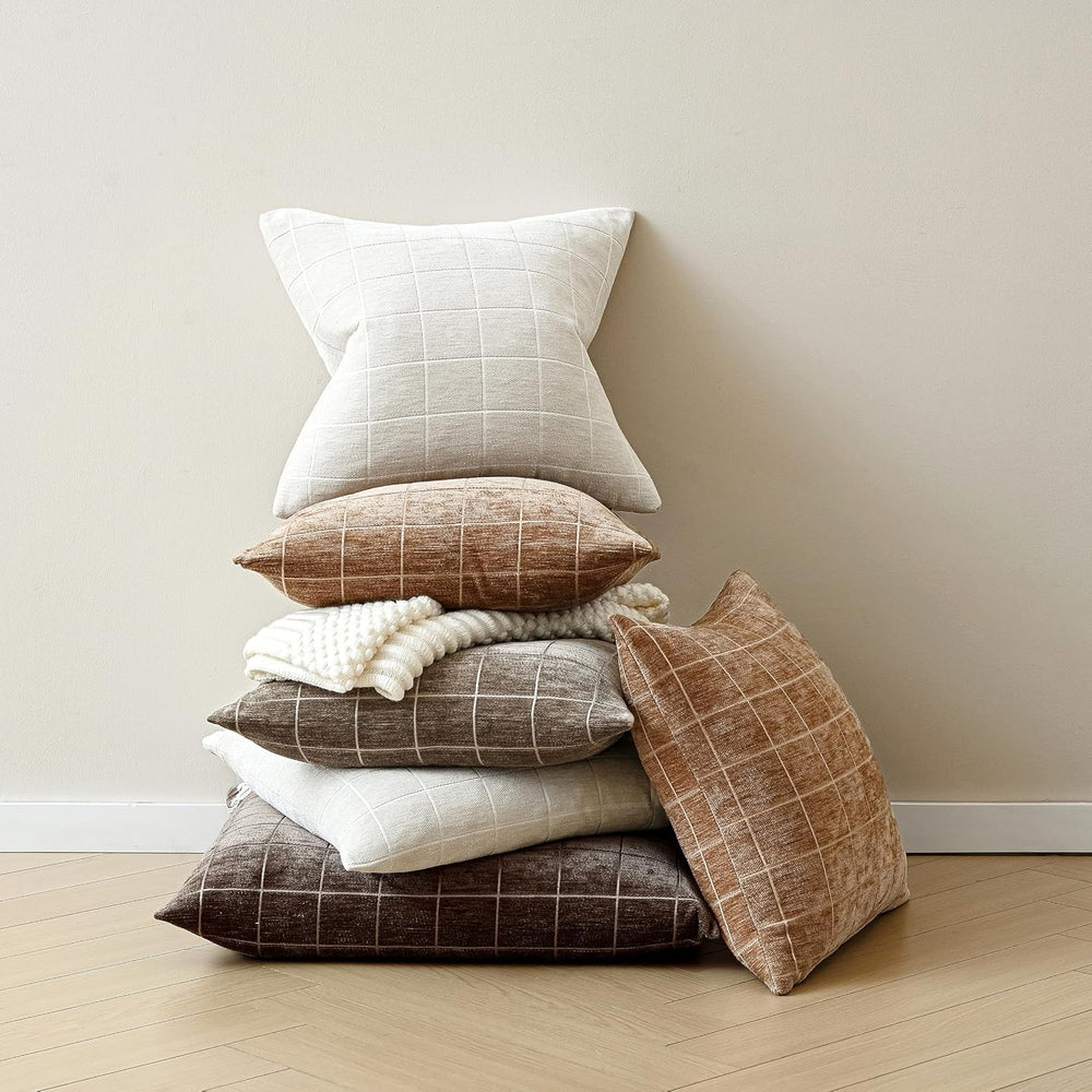 Decorative Chenille Plaid Fall Throw Pillow Covers Camel 26x26 Set of 2