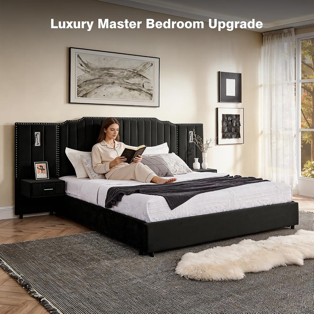 King Size Velvet Platform Bed with LED Lights and Nightstands, Black