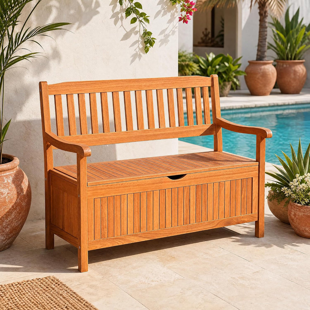 Tangkula Outdoor Wood Storage Bench Deck Box, Entryway Porch Storage Bench wi...