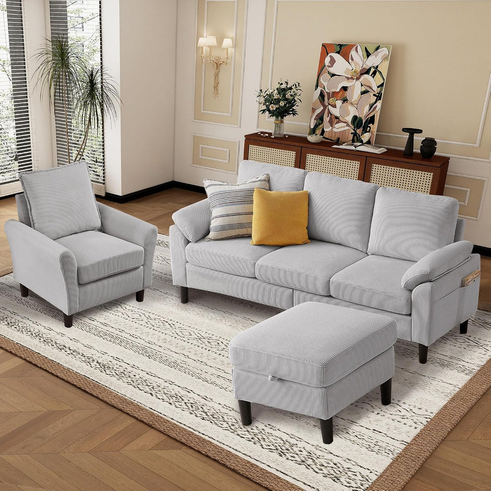 3 Pieces Corduroy Sofa Set for Living Room with Sofa, Storage Ottoman and Sin...