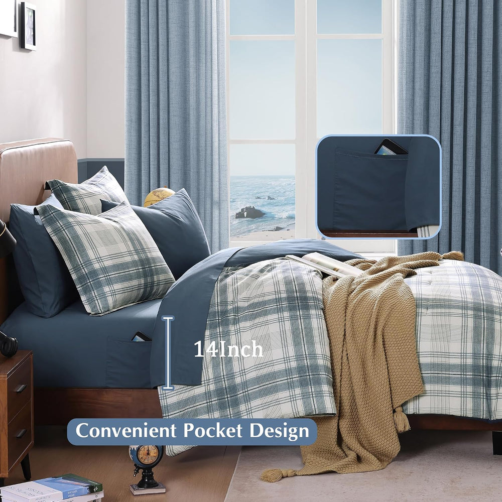 Plaid Queen Comforter Set Blue Grey 7 Pieces Farmhouse Bed in a Bag