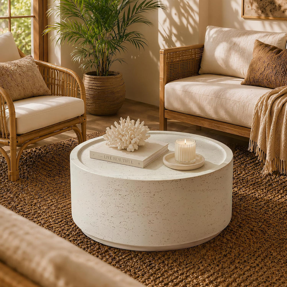 Patio Watcher 28" Round Coffee Table, Travertine Look, Off-White