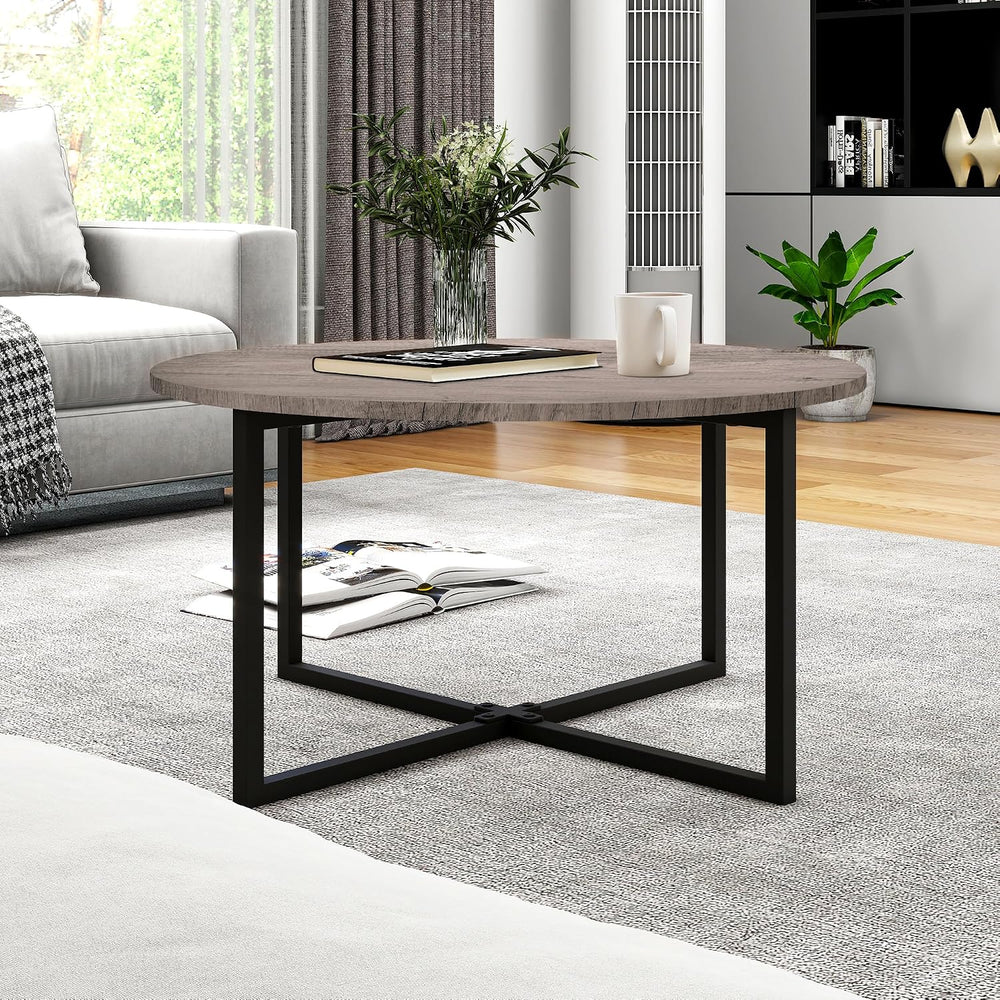 HOMERECOMMEND Round Coffee Table Nesting Tables for Living Room,Black+Grey