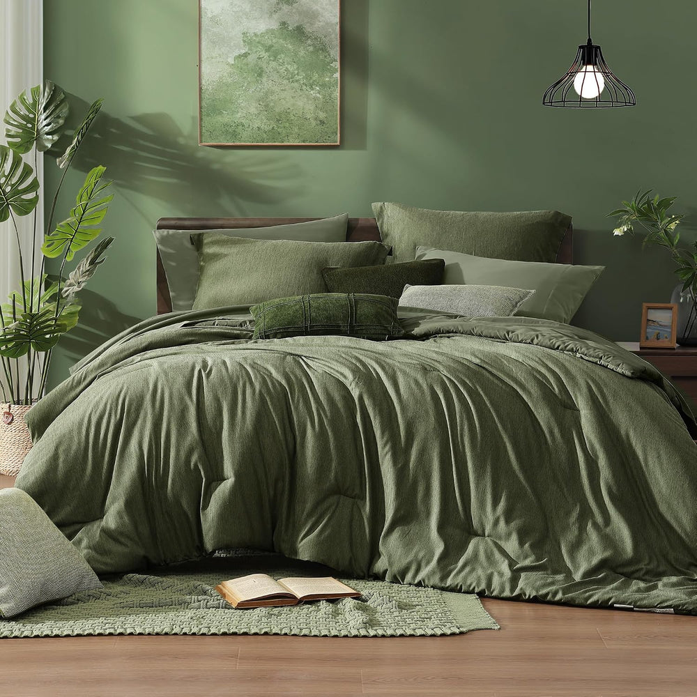 Monbix Queen Comforter Set Olive Green 7 Pieces Bed in a Bag