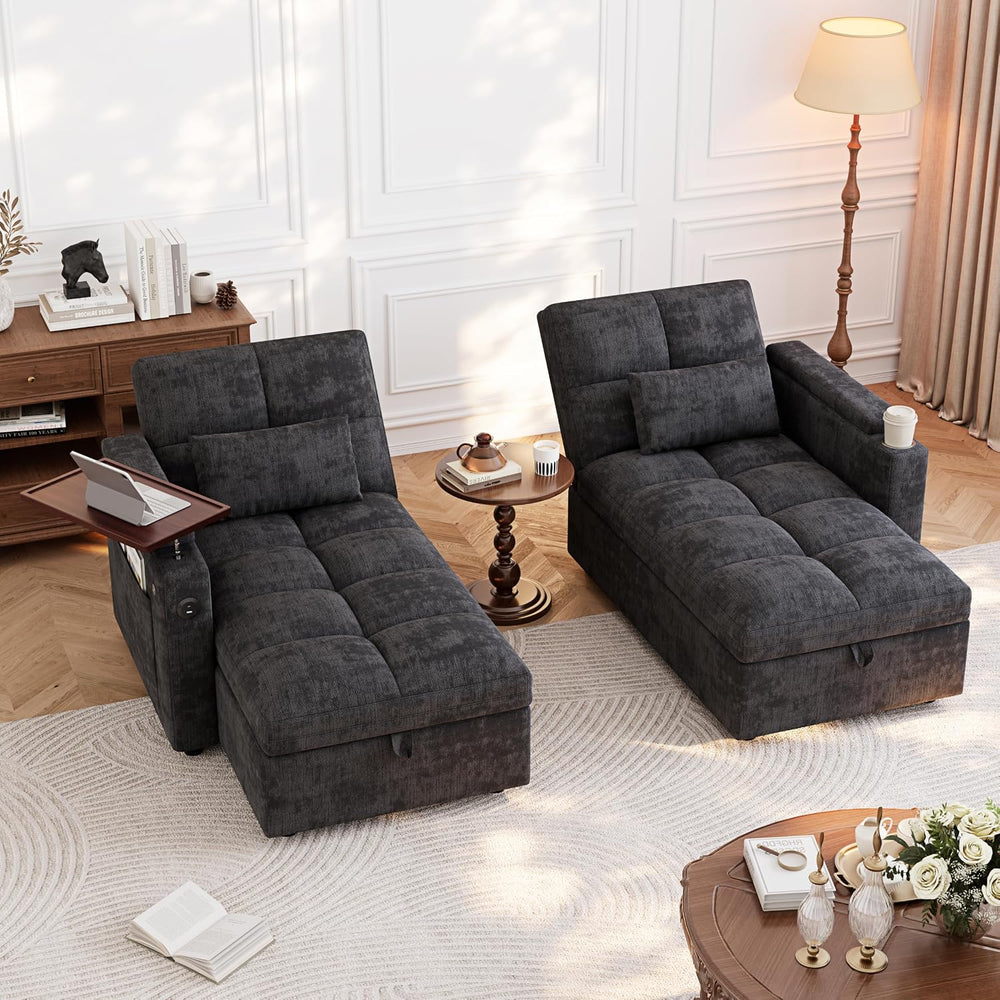 Convertible Sectional Sofa Bed with Storage, Tray & USB Port, Black