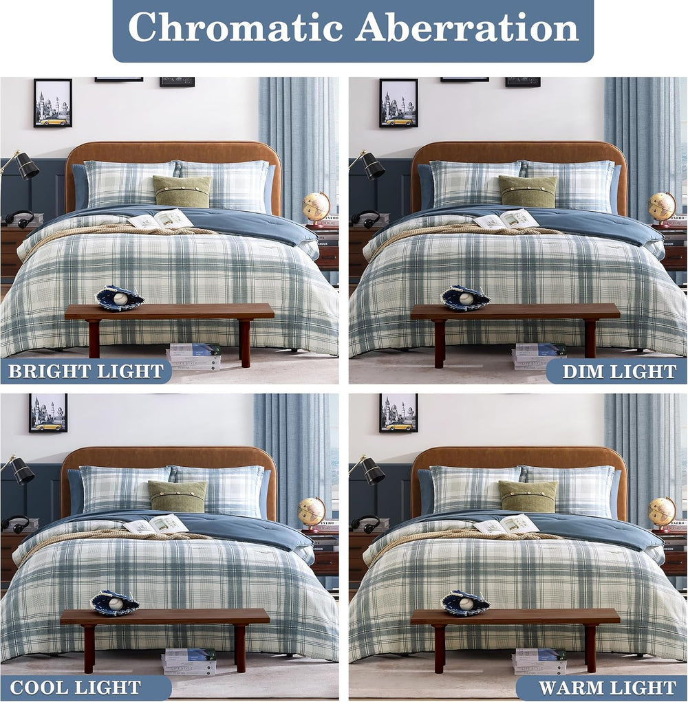 Plaid Full Size Comforter Set Blue Grey 7 Pieces Farmhouse Bed in a Bag