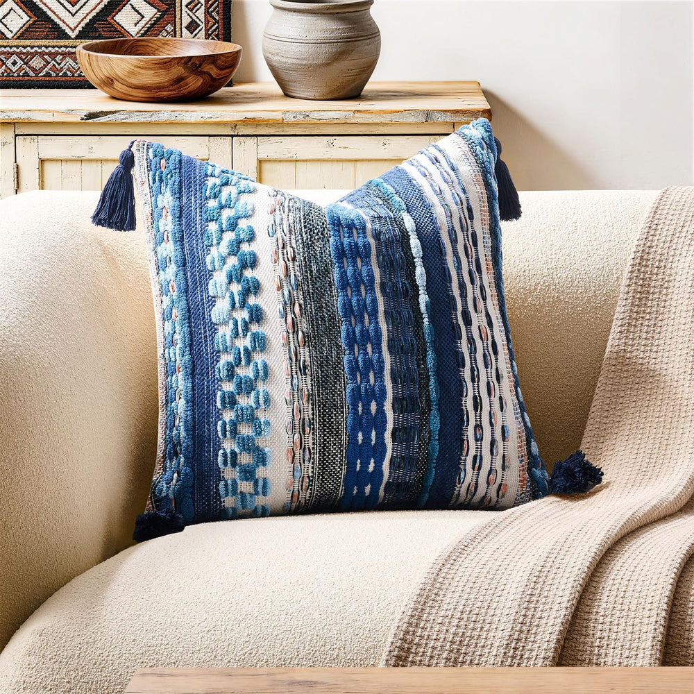 Kevin Textile Boho Tufted 18x18 Inch Pillow Cover 1 Pack, Blue