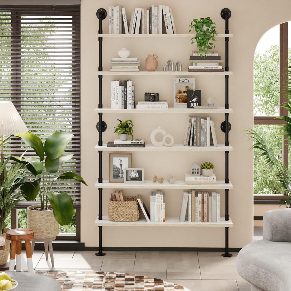 Industrial Pipe Bookshelf, Wall Mounted Shelf, 48 Inch, White