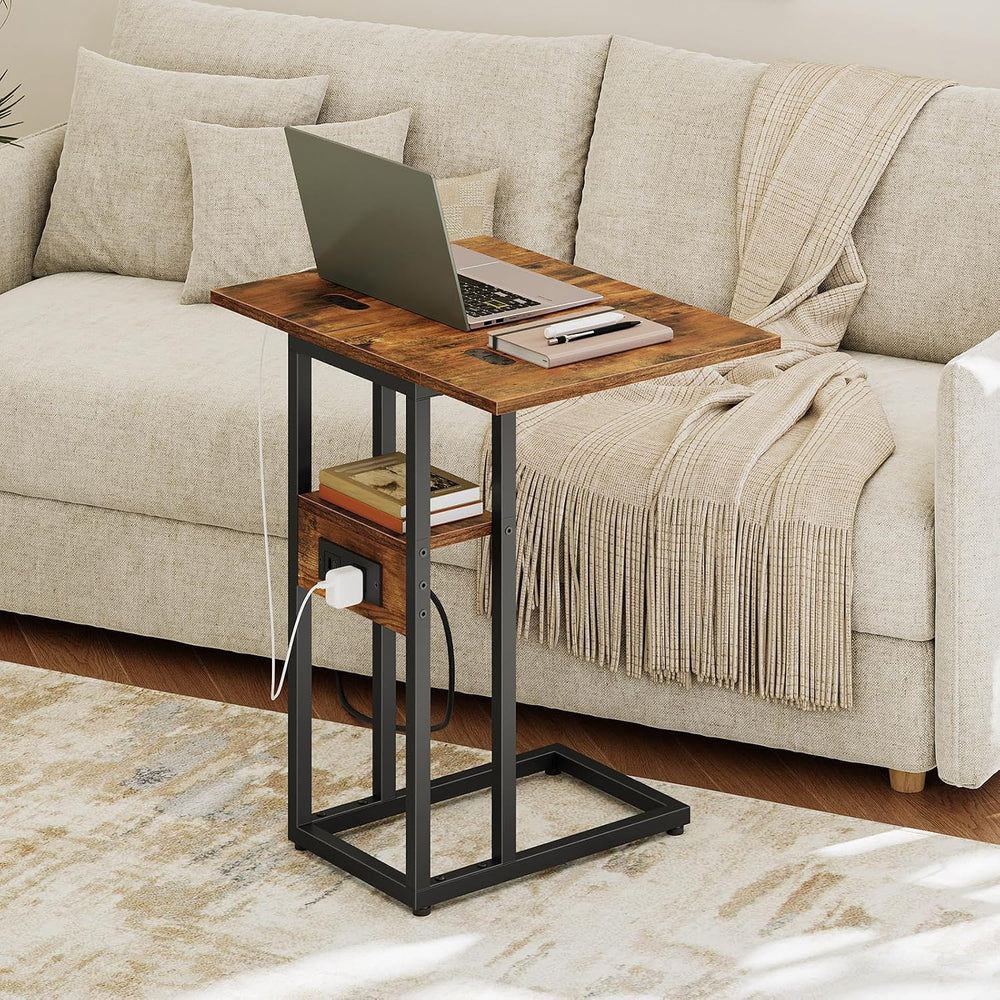 HOOBRO Foldable C Shaped End Table, Side Table with Charging Station
