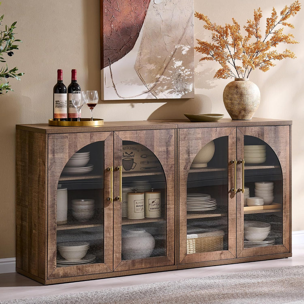ACCOHOHO Glass Arched Door Sideboard Buffet Cabinet Set of 2, Rustic Oak